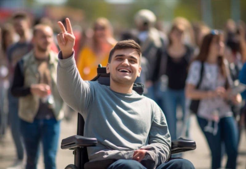 Jonge man in rolstoel staat in een menigte en steekt twee vingers in de lucht met een glimlach op zijn gezicht.