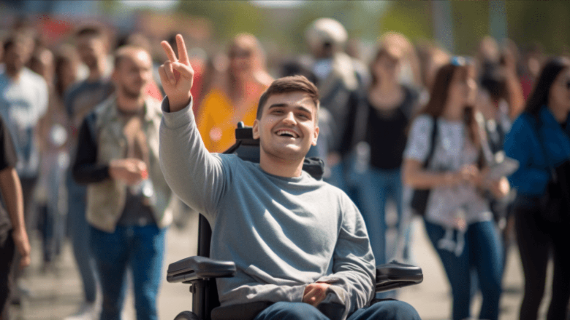 Young man in wheelchair stands in a crowd and raises two fingers in the air with a smile on his face.